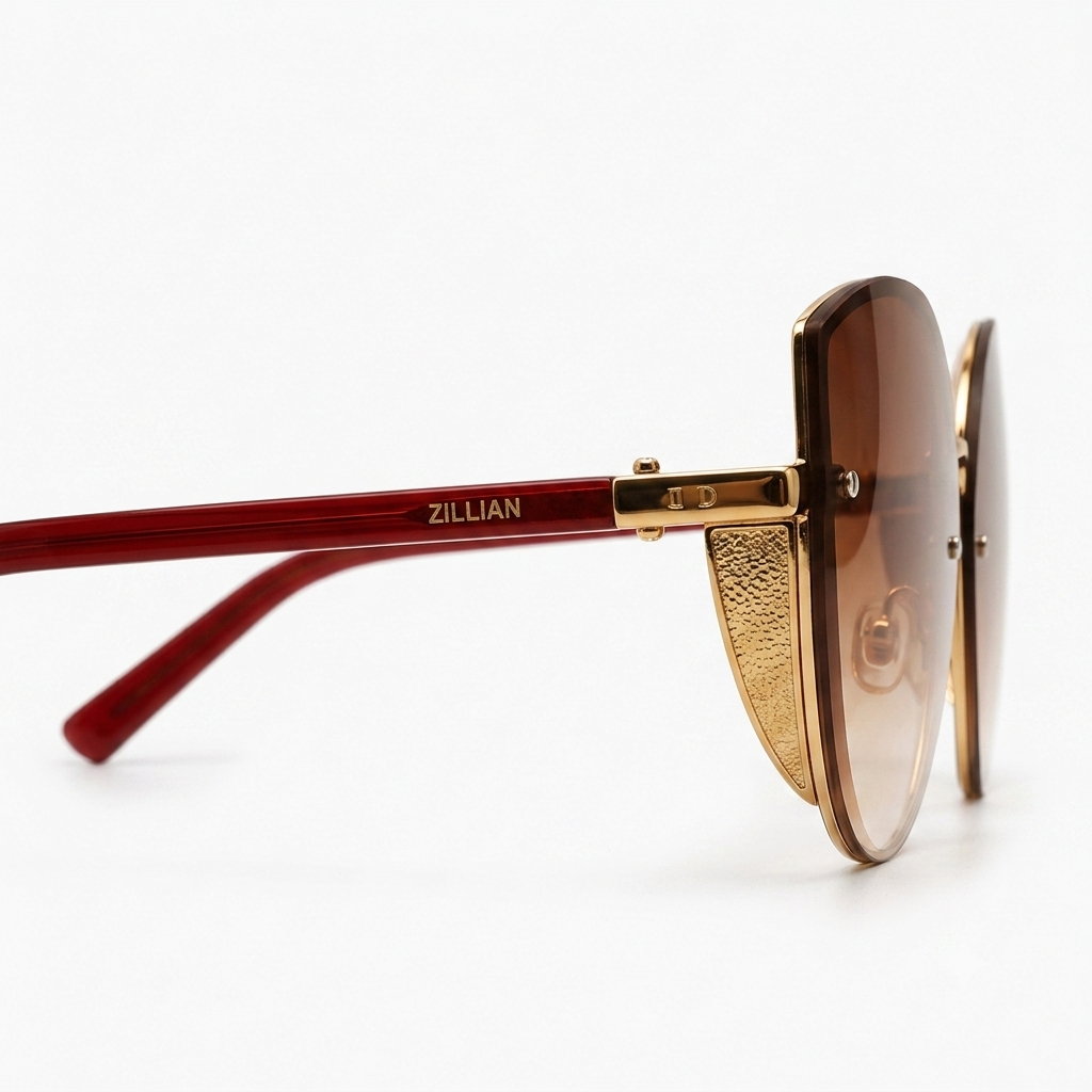 Premium Oversized Cat-Eye Sunglasses for Women – Luxury Gradient Brown Lenses with Textured Gold Side Shields and Rimless Top Design