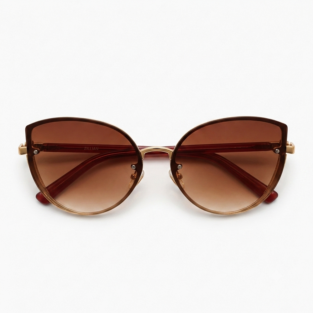 Premium Oversized Cat-Eye Sunglasses for Women – Luxury Gradient Brown Lenses with Textured Gold Side Shields and Rimless Top Design