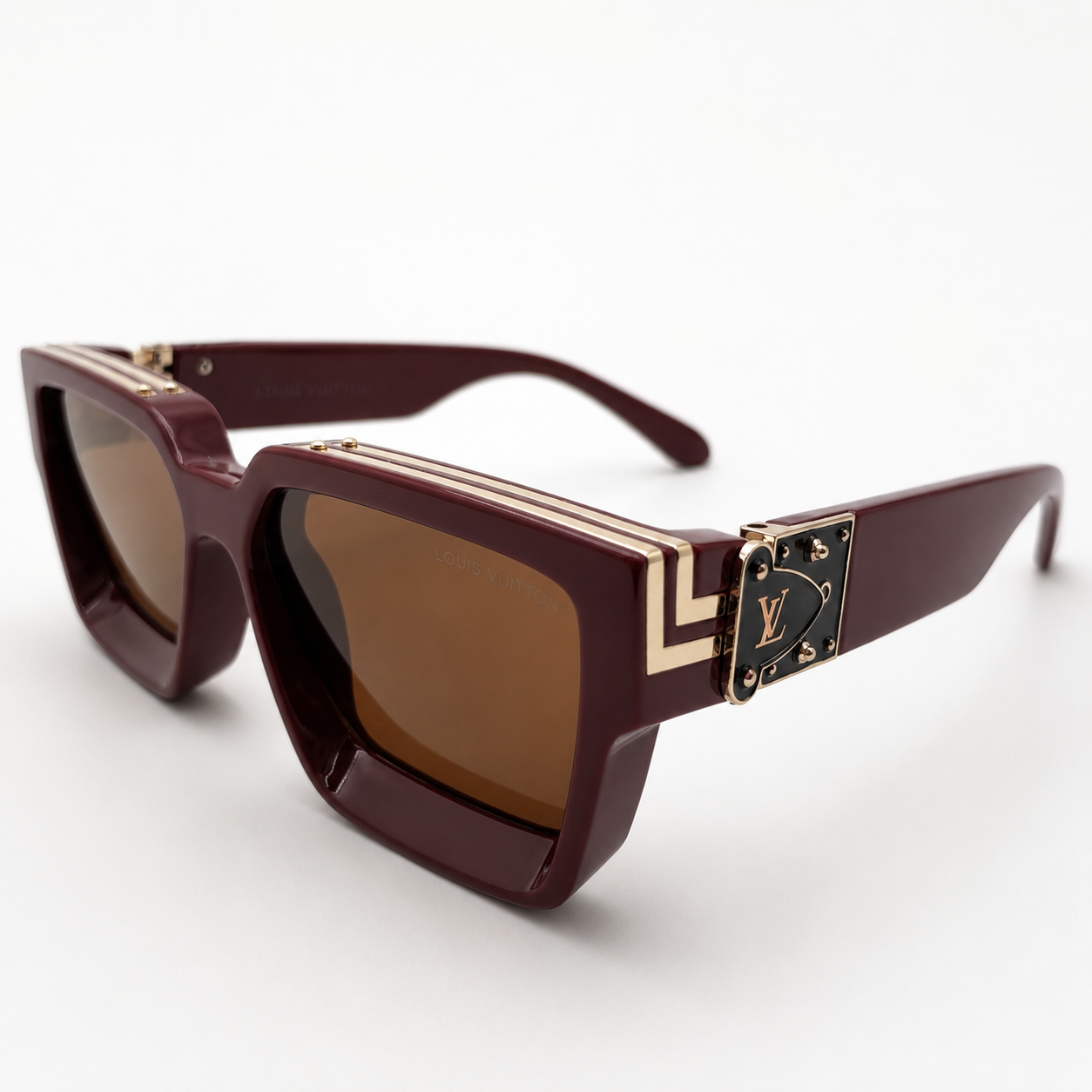 96006 Imperial Burgundy Square Luxury Sunglasses – Bold Acetate Frame with Ornate Gold Steampunk Accents and Tinted UV Lenses