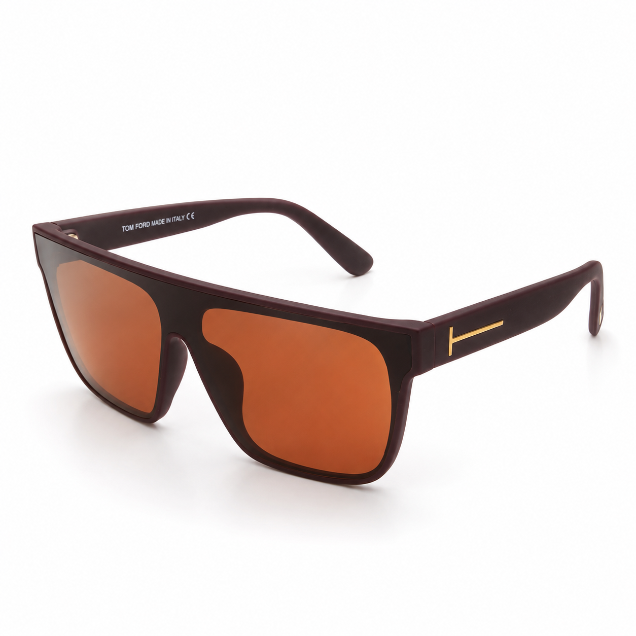 22014 AeroDusk Shield Oversized Flat Top Sunglasses – Matte Burgundy Frame with Retro Amber Lenses and Gold Accents