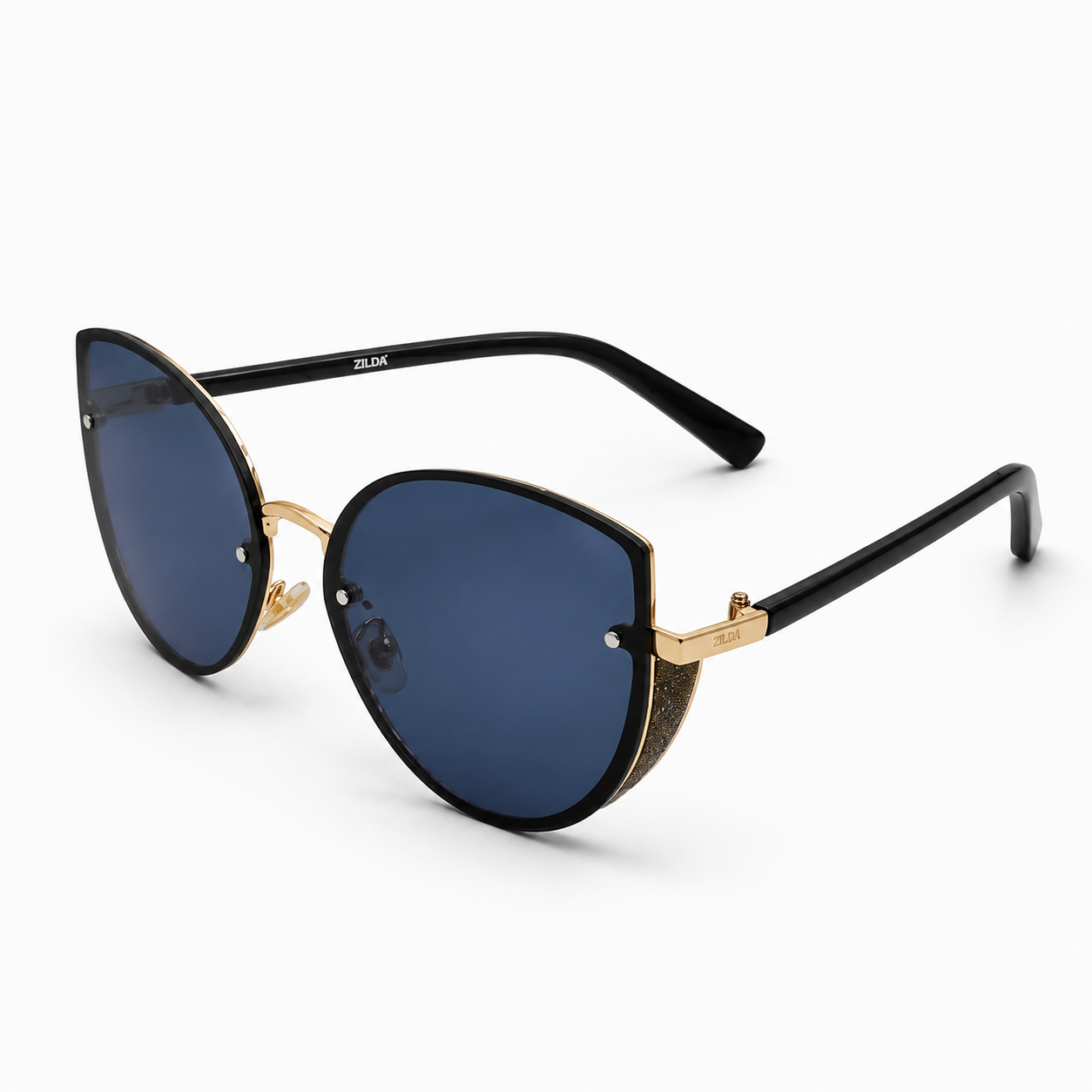 Shadow-Cut Cat-Eye Sunglasses – Oversized Blue Tinted Eyewear with Gold & Glitter Accents
