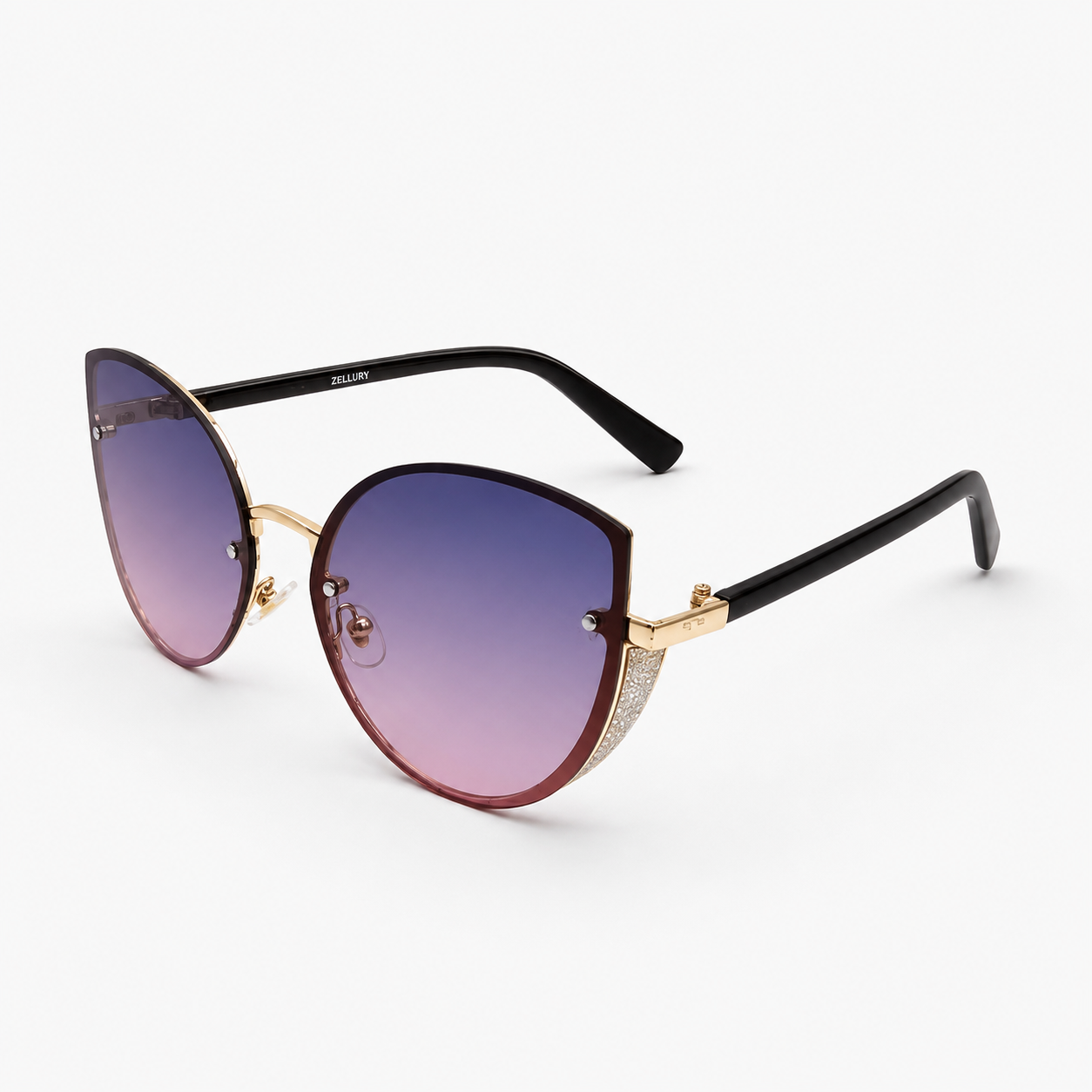 Velvet Sky Diamond-Accented Cat-Eye Sunglasses – Gradient Purple to Pink Rimless Eyewear with Gold-Tone Hinges