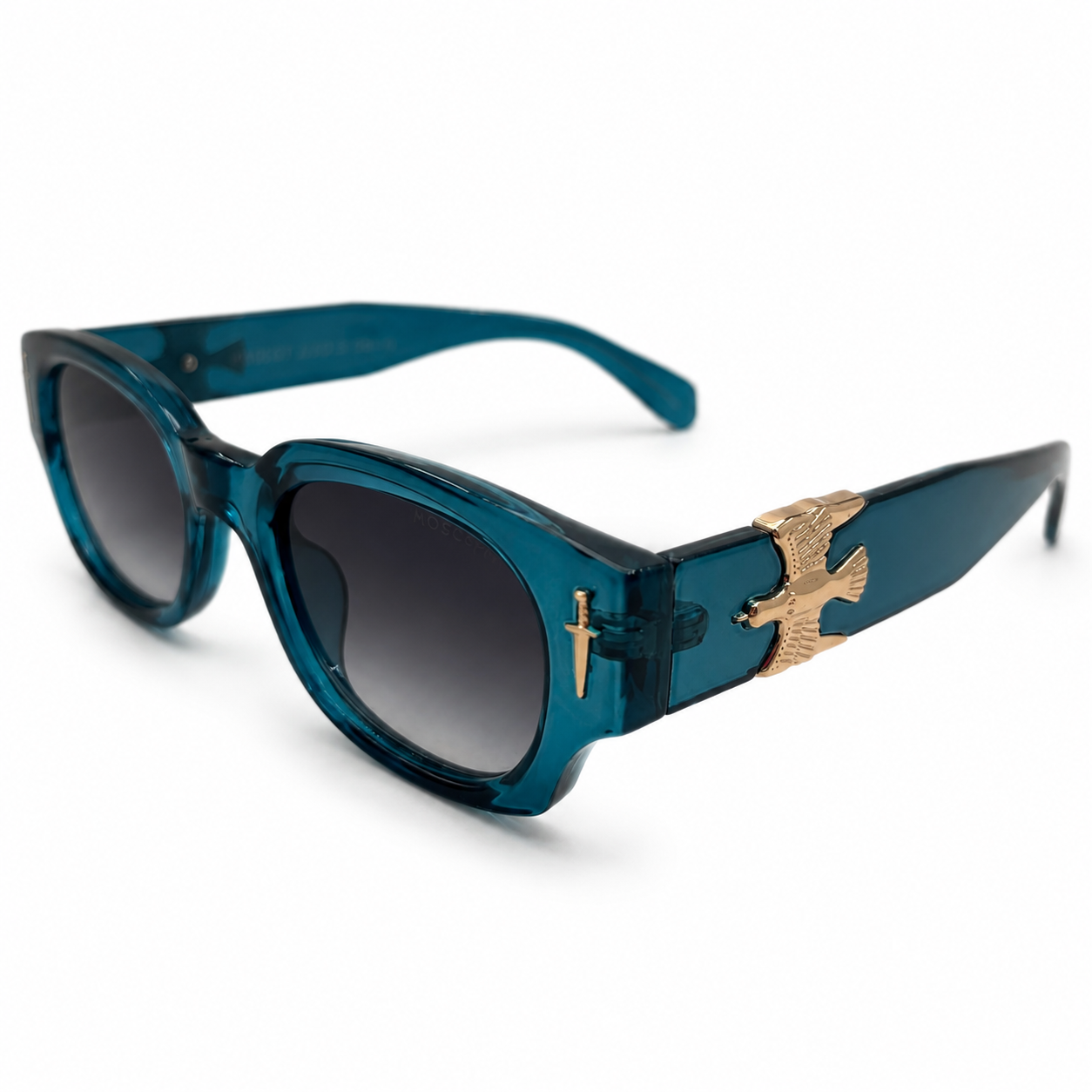 AeroDagger Luxe Teal – Premium Translucent Square Sunglasses with Golden Bird & Dagger Accents