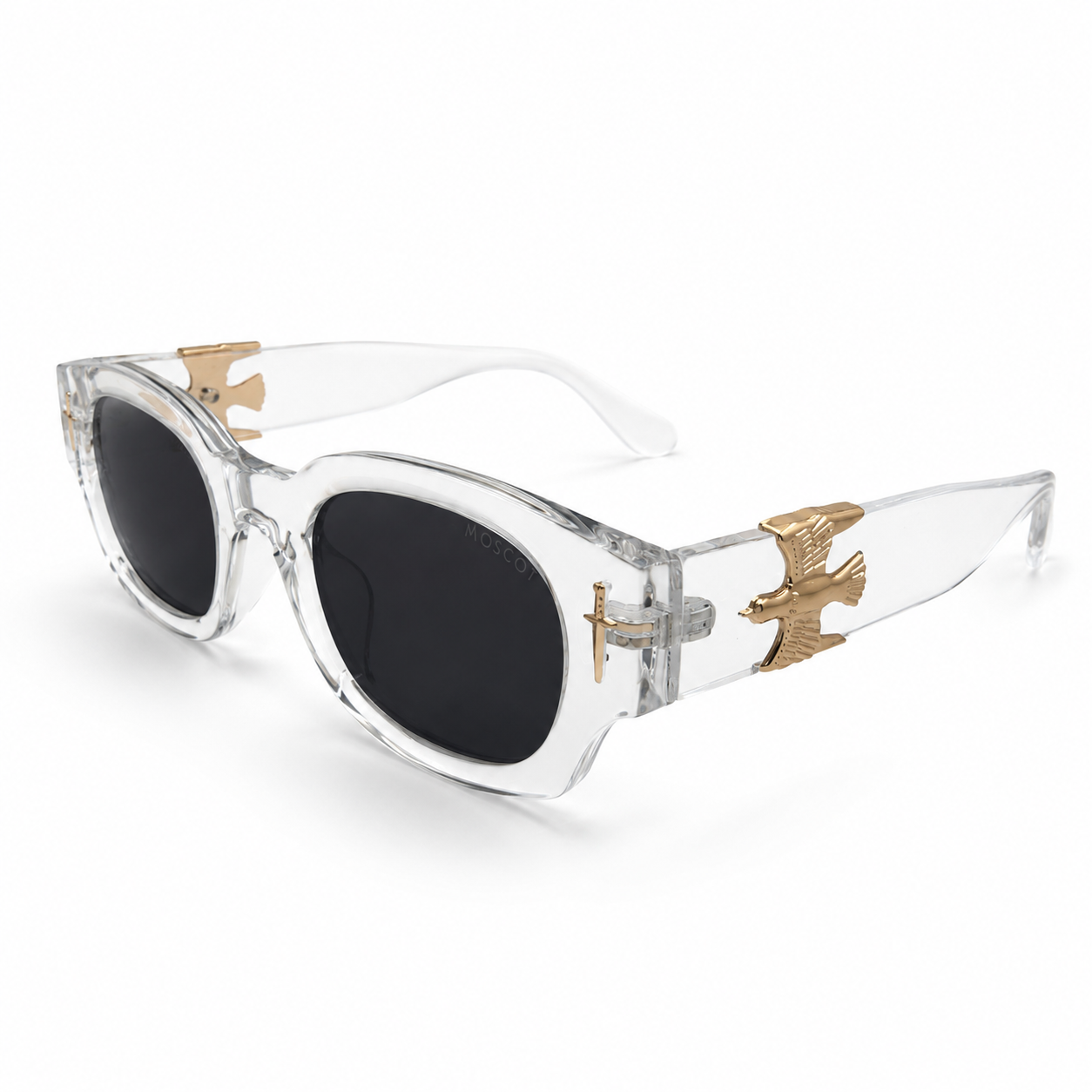 The Vanguard Dagger & Sovereign Bird Crystal Acetate Square Sunglasses – Premium Clear Frame Eyewear with Gold Ornaments and Dark Tinted Lenses