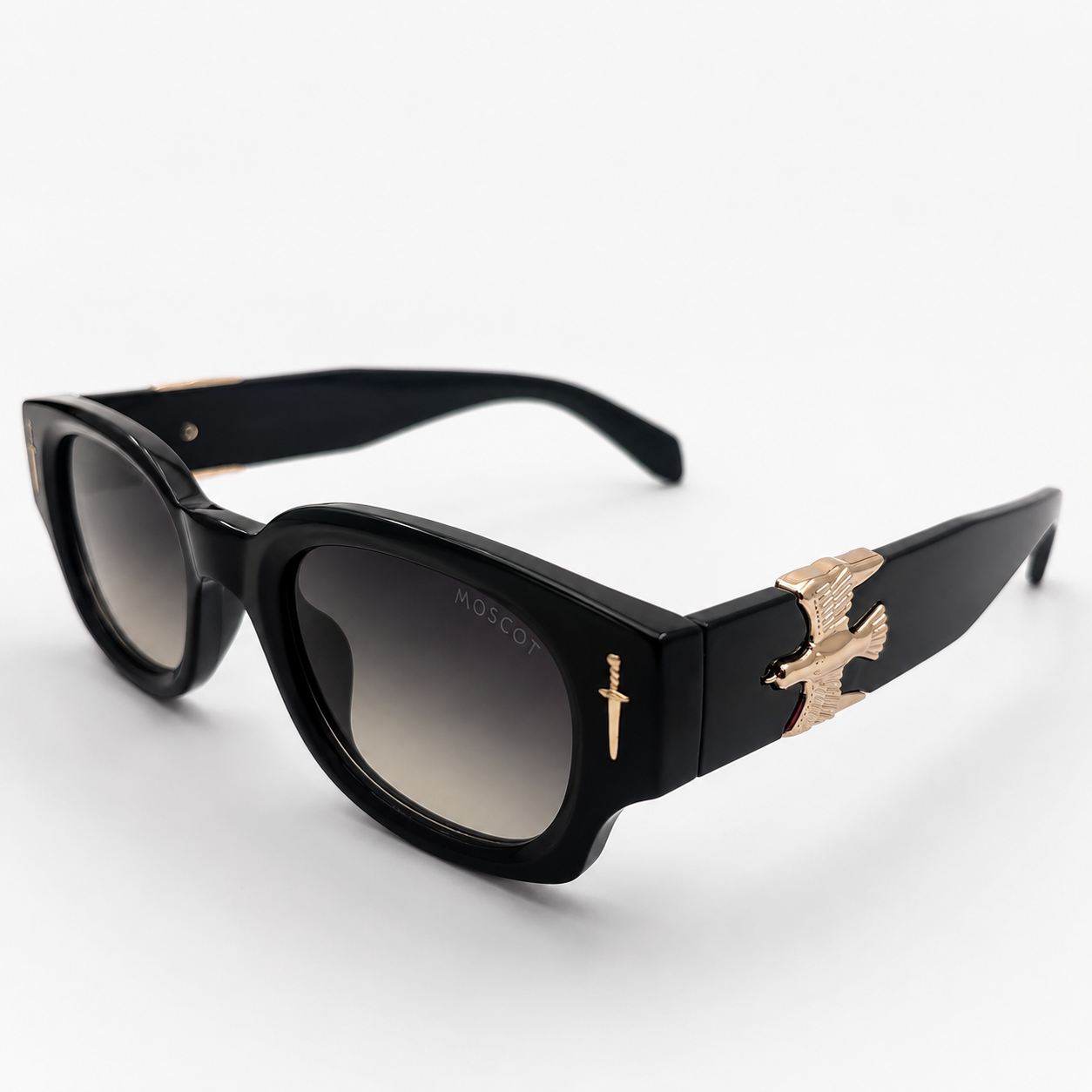 The Sovereign Dagger: Bold Onyx Square Sunglasses with Eagle Embellishments