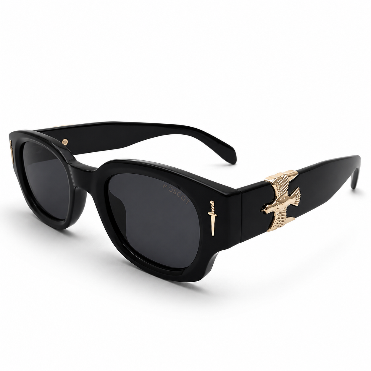 Midnight Onyx Rectangle Sunglasses – Luxury Black Acetate Eyewear with Gold Dagger & Soaring Bird Accents