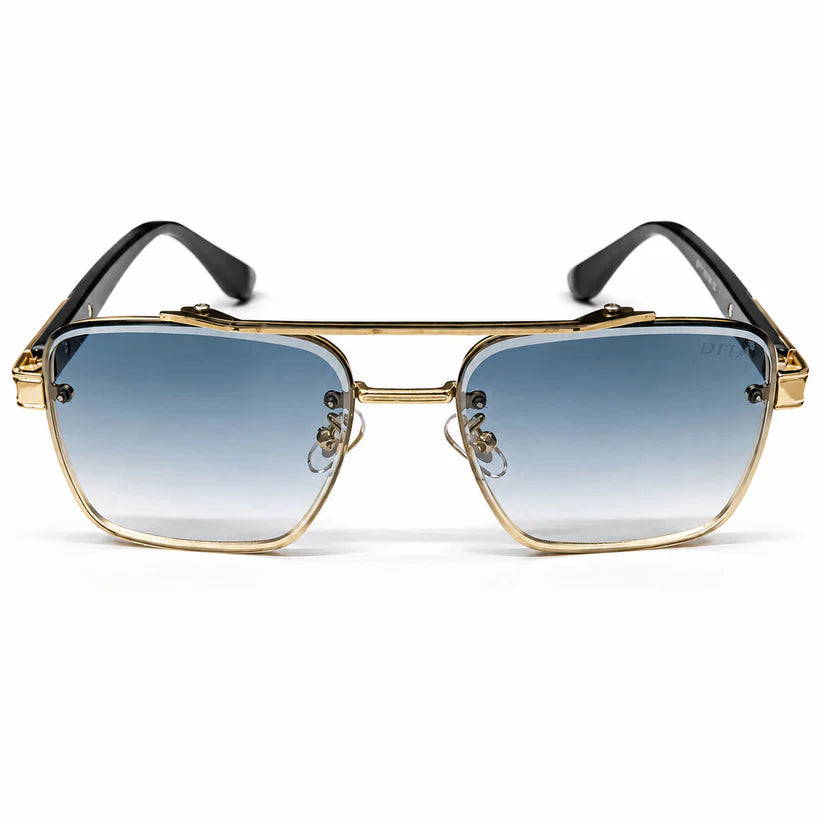 Luxury Square Aviator Sunglasses – Gold & Black with Blue Enamel Detailing, Double Bridge & Gradient Blue Lenses