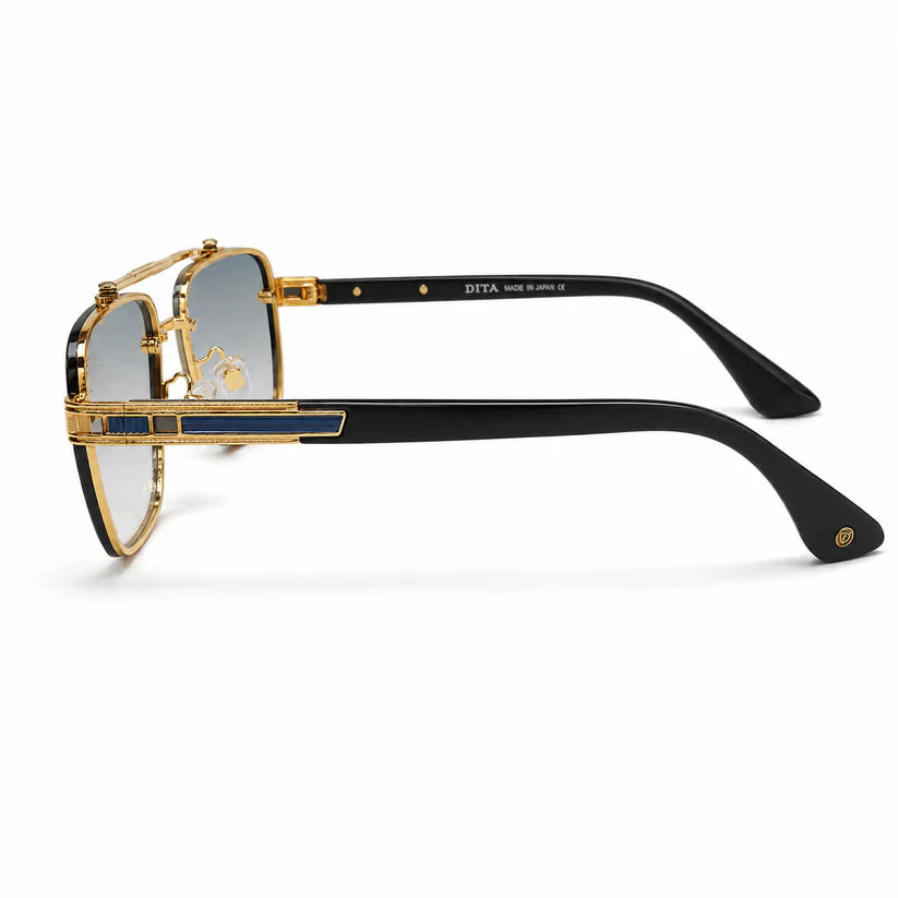 Luxury Square Aviator Sunglasses – Gold & Black with Blue Enamel Detailing, Double Bridge & Gradient Blue Lenses