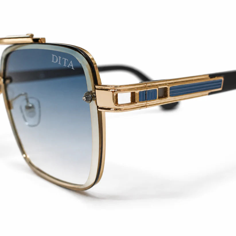 Luxury Square Aviator Sunglasses – Gold & Black with Blue Enamel Detailing, Double Bridge & Gradient Blue Lenses