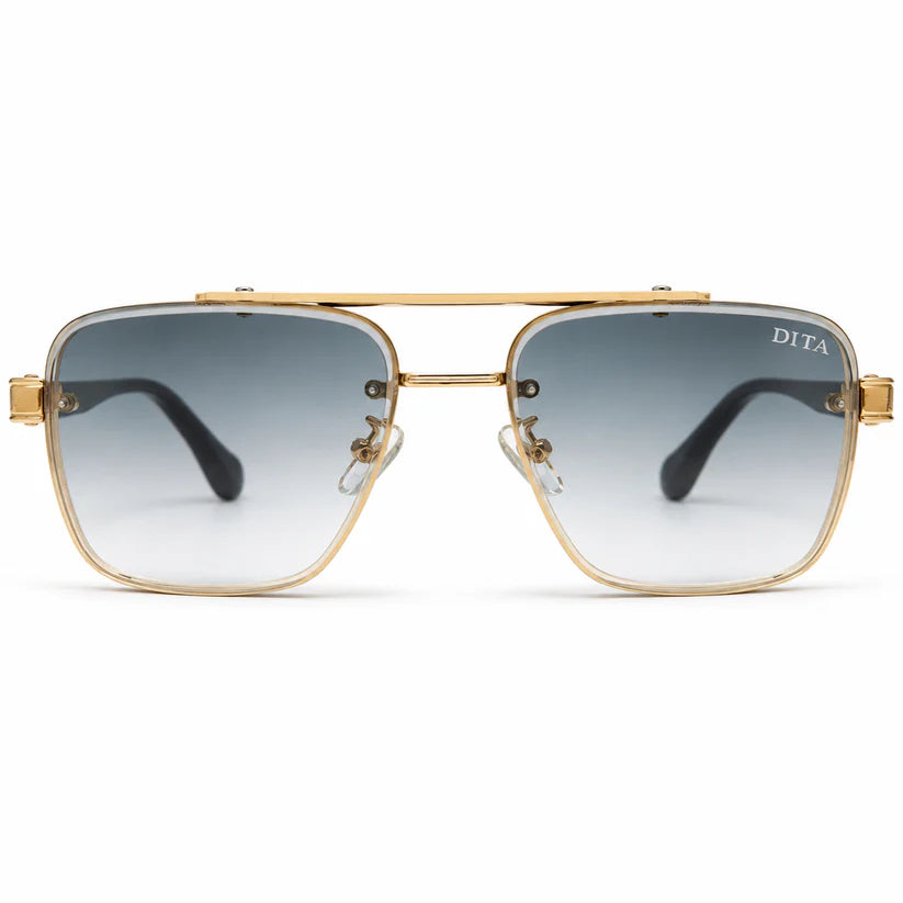 Luxury Square Aviator Sunglasses – Gold & Black with Blue Enamel Detailing, Double Bridge & Gradient Blue Lenses