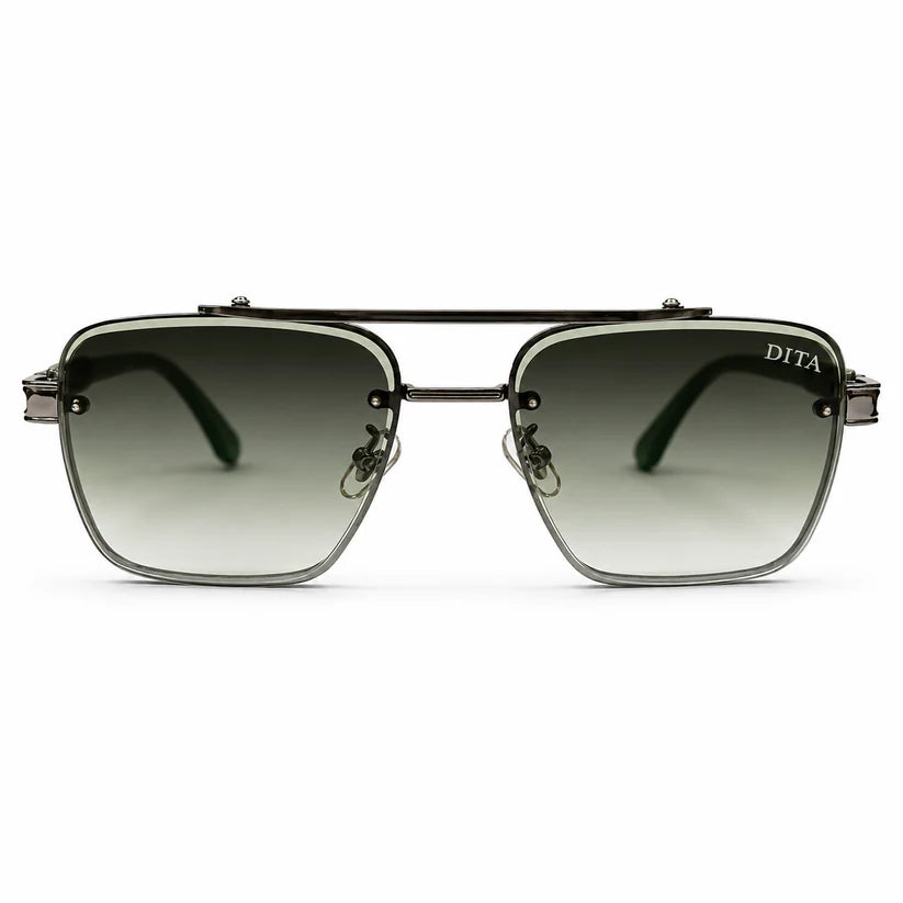 Luxury Square Aviator Sunglasses – Gunmetal & Green with Gradient Green Lenses & Silver Metal Frame