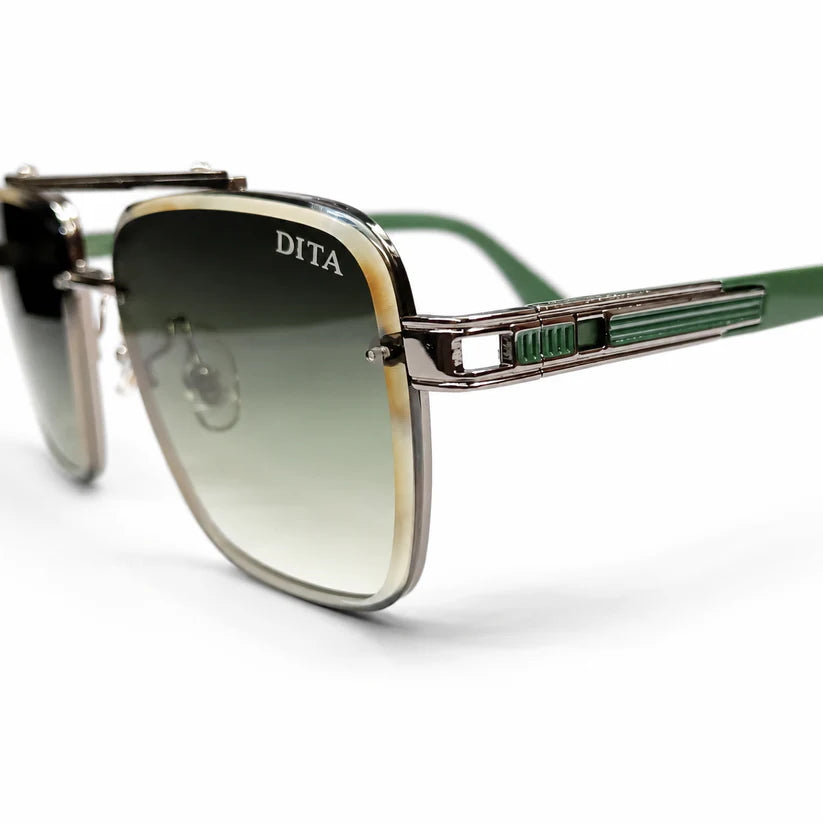 Luxury Square Aviator Sunglasses – Gunmetal & Green with Gradient Green Lenses & Silver Metal Frame