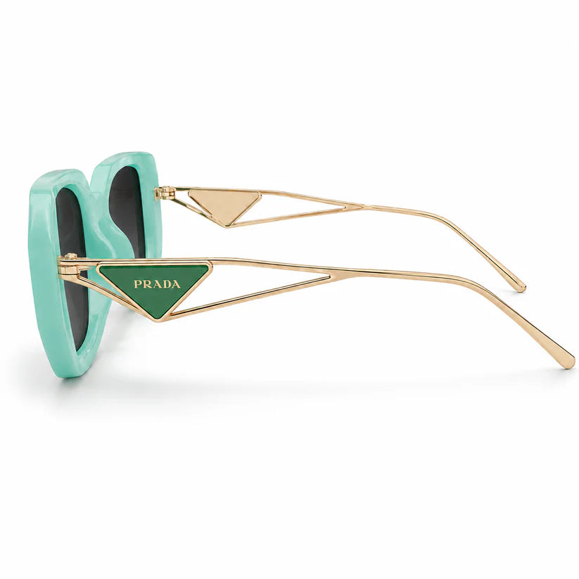 Designer Oversized Square Sunglasses – Aqua Mint Green with Gold Wire Temples, Prada Triangle Logo & Dark Grey UV Protection Lenses