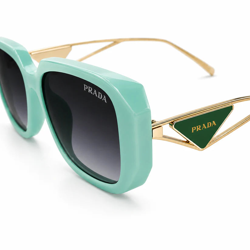 Designer Oversized Square Sunglasses – Aqua Mint Green with Gold Wire Temples, Prada Triangle Logo & Dark Grey UV Protection Lenses