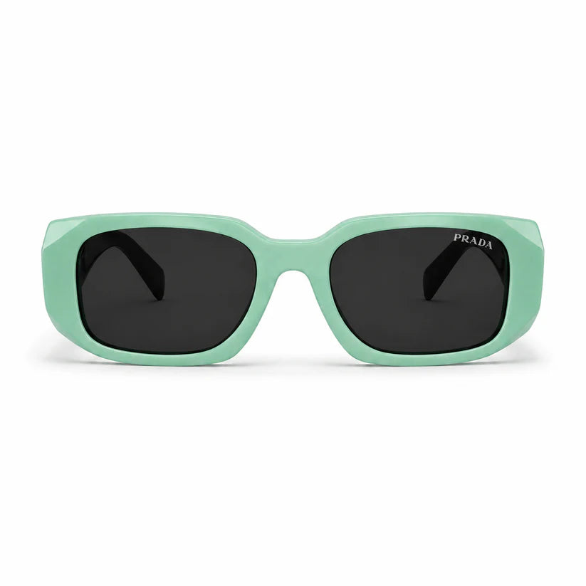 Designer Oversized Square Sunglasses – Aqua Mint Green with Gold Wire Temples, Prada Triangle Logo & Dark Grey UV Protection Lenses