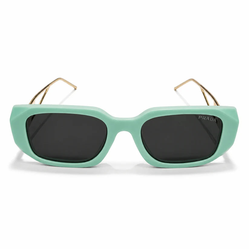 Designer Oversized Square Sunglasses – Aqua Mint Green with Gold Wire Temples, Prada Triangle Logo & Dark Grey UV Protection Lenses