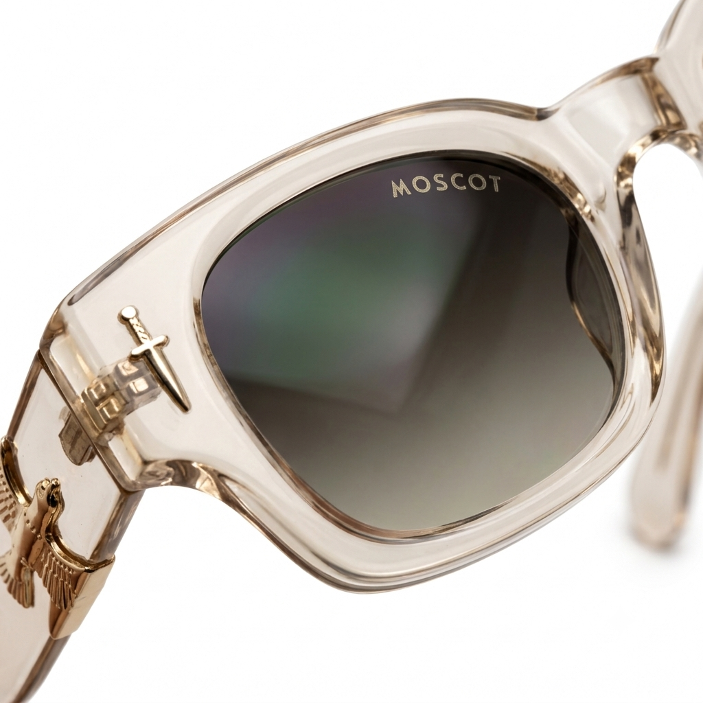 The Vanguard Falcon: Premium Transparent Amber Square Sunglasses with Gold Dagger & Emblem Accent