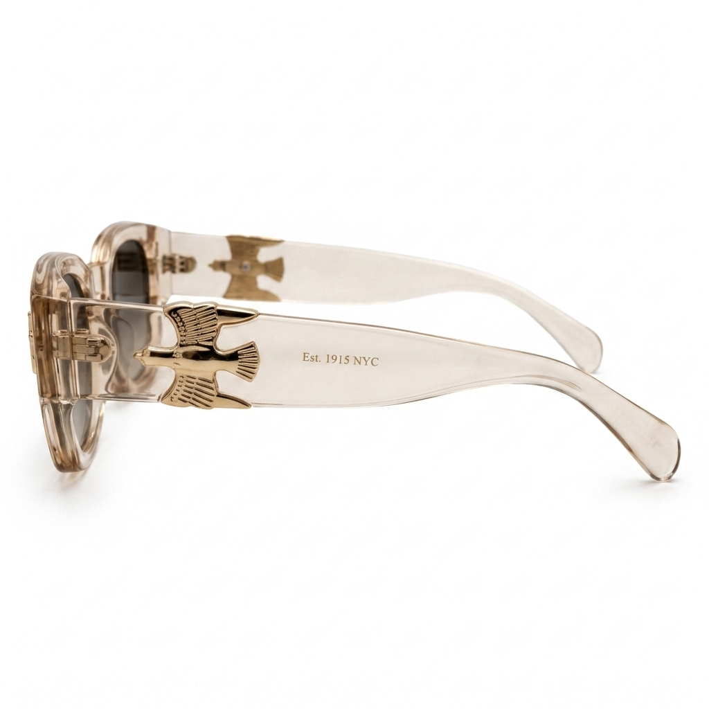 The Vanguard Falcon: Premium Transparent Amber Square Sunglasses with Gold Dagger & Emblem Accent