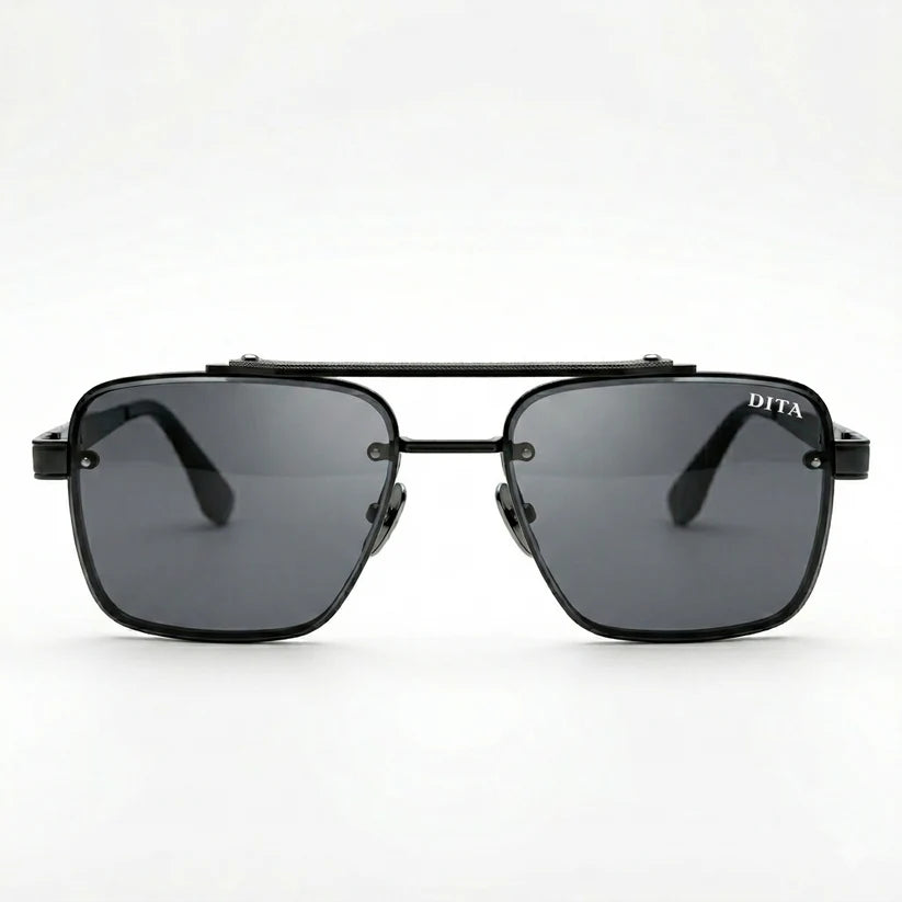 Luxury Square Aviator Sunglasses – Matte Black with Red Enamel Detailing, Double Bridge & Gradient Grey Lenses