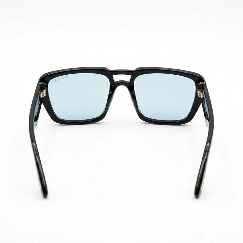 Luxury Oversized Square Sunglasses Glossy Black Acetate With Blue Lens
