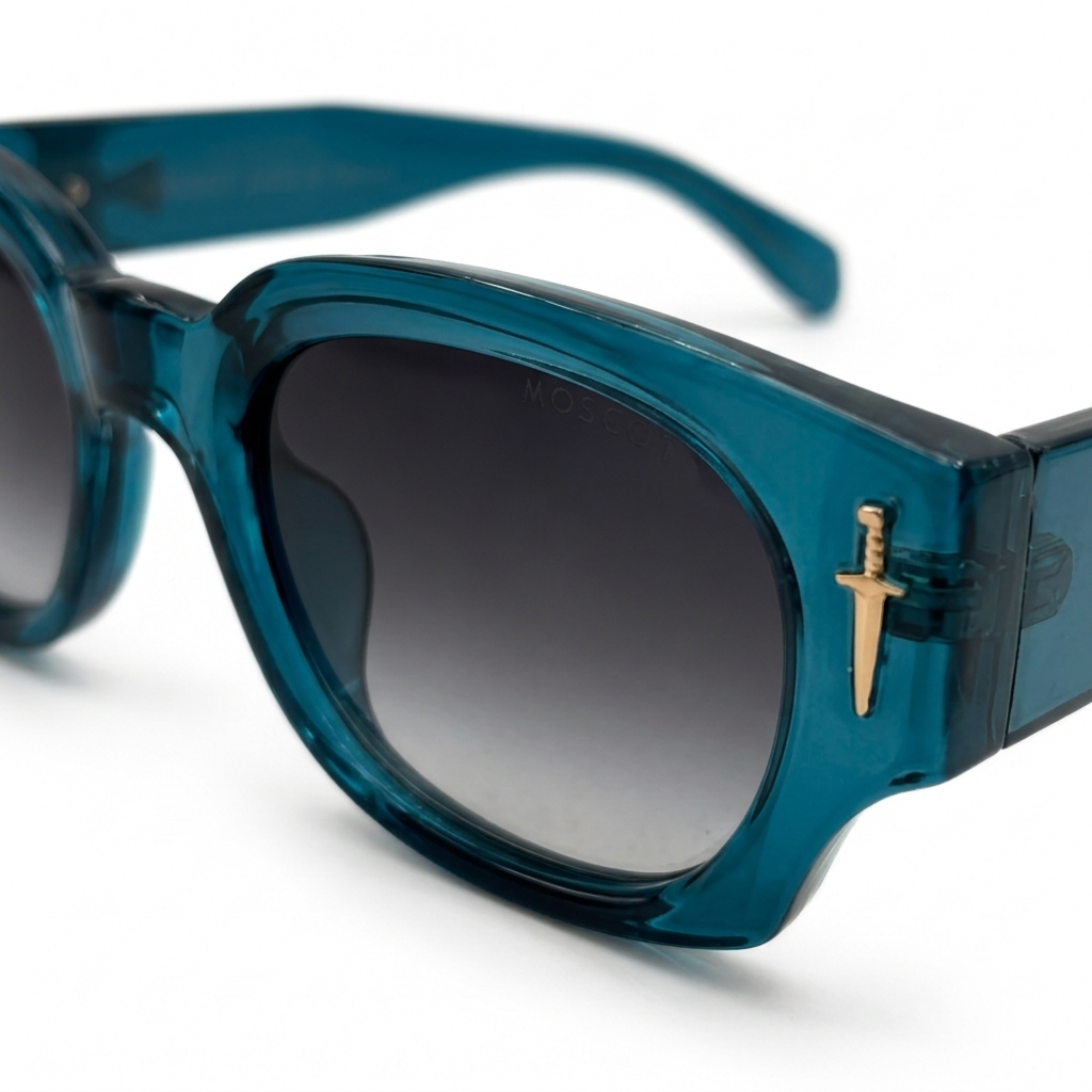 AeroDagger Luxe Teal – Premium Translucent Square Sunglasses with Golden Bird & Dagger Accents