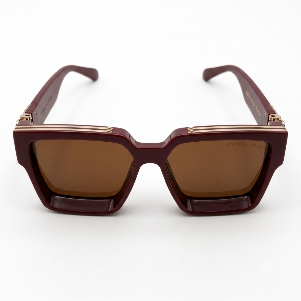 96006 Imperial Burgundy Square Luxury Sunglasses – Bold Acetate Frame with Ornate Gold Steampunk Accents and Tinted UV Lenses
