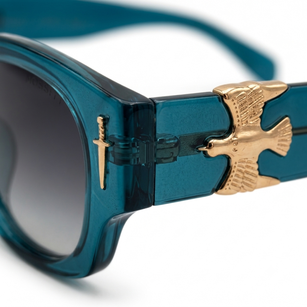 AeroDagger Luxe Teal – Premium Translucent Square Sunglasses with Golden Bird & Dagger Accents