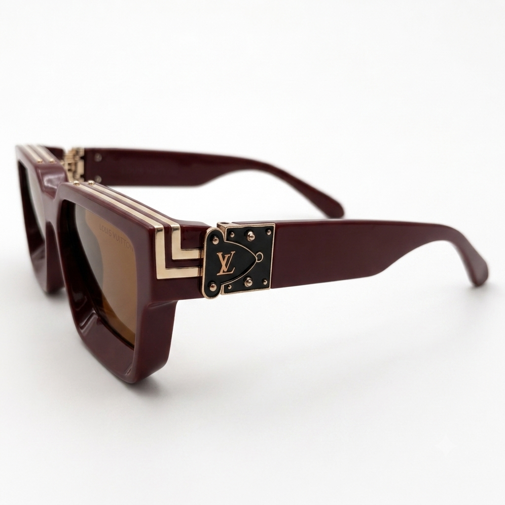 96006 Imperial Burgundy Square Luxury Sunglasses – Bold Acetate Frame with Ornate Gold Steampunk Accents and Tinted UV Lenses