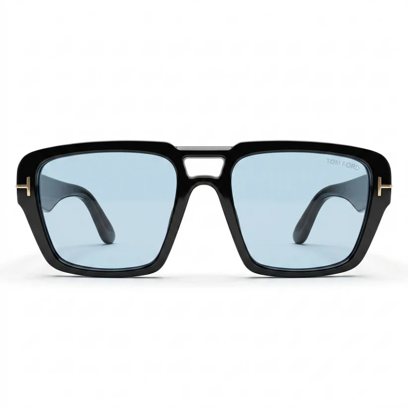 Luxury Oversized Square Sunglasses Glossy Black Acetate With Blue Lens