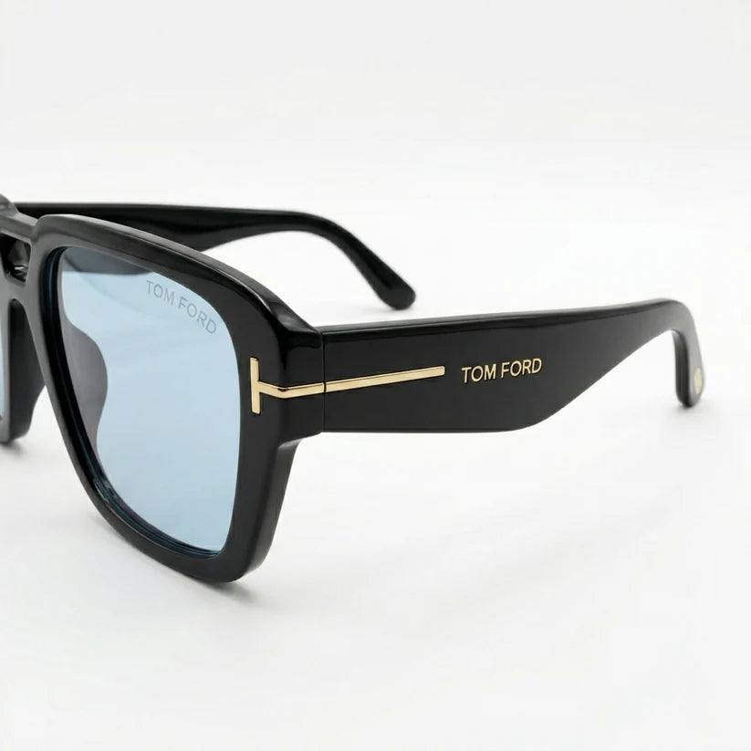 Luxury Oversized Square Sunglasses Glossy Black Acetate With Blue Lens