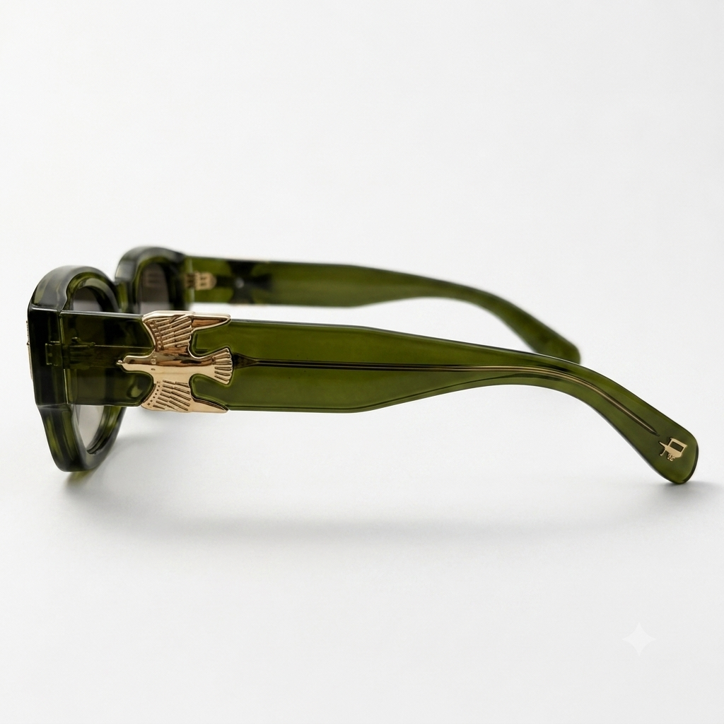 The Emerald Vanguard – Premium Olive Green Acetate Sunglasses with Gold Bird & Dagger Accents