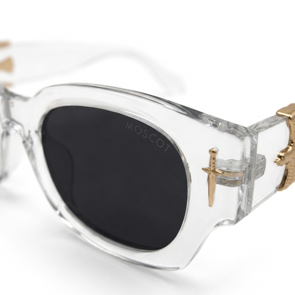 The Vanguard Dagger & Sovereign Bird Crystal Acetate Square Sunglasses – Premium Clear Frame Eyewear with Gold Ornaments and Dark Tinted Lenses