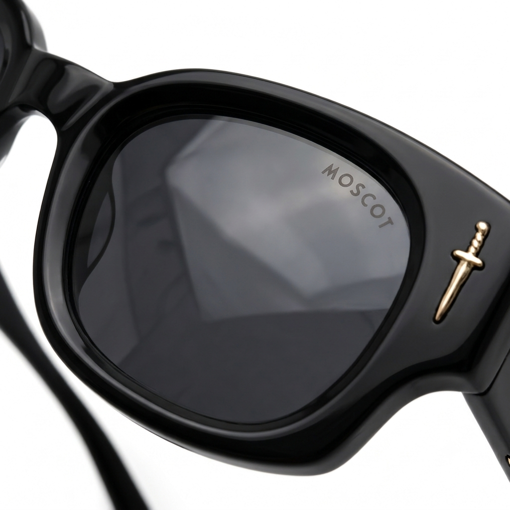 Midnight Onyx Rectangle Sunglasses – Luxury Black Acetate Eyewear with Gold Dagger & Soaring Bird Accents