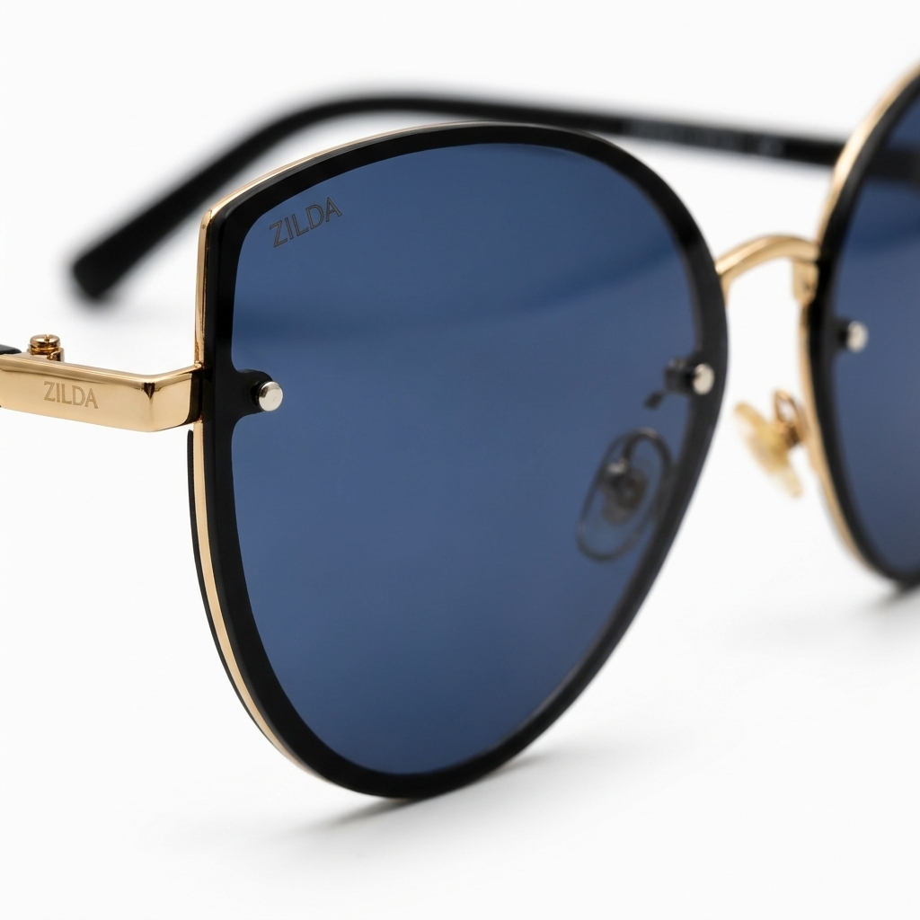 Shadow-Cut Cat-Eye Sunglasses – Oversized Blue Tinted Eyewear with Gold & Glitter Accents