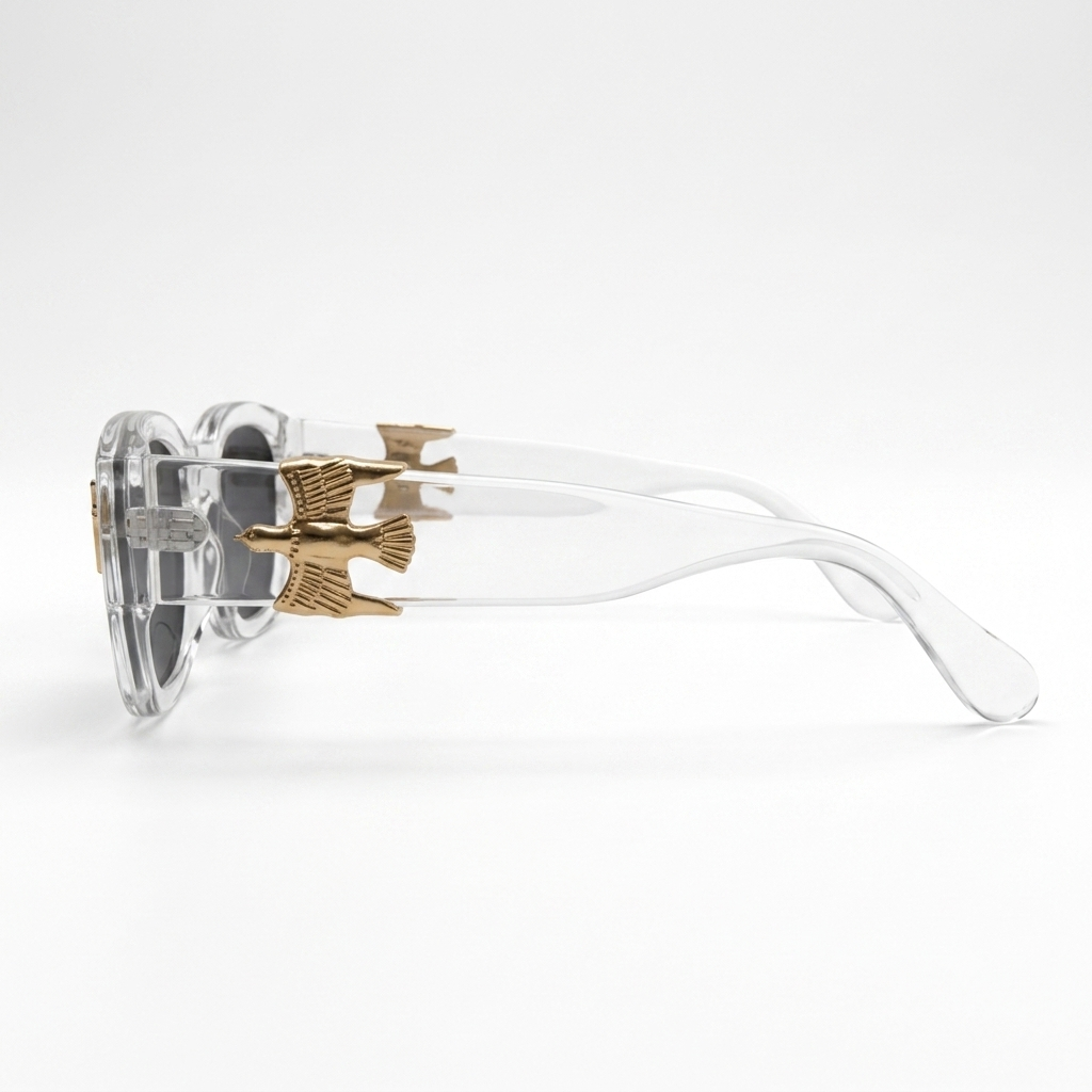 The Vanguard Dagger & Sovereign Bird Crystal Acetate Square Sunglasses – Premium Clear Frame Eyewear with Gold Ornaments and Dark Tinted Lenses
