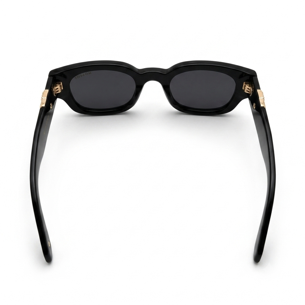 Midnight Onyx Rectangle Sunglasses – Luxury Black Acetate Eyewear with Gold Dagger & Soaring Bird Accents