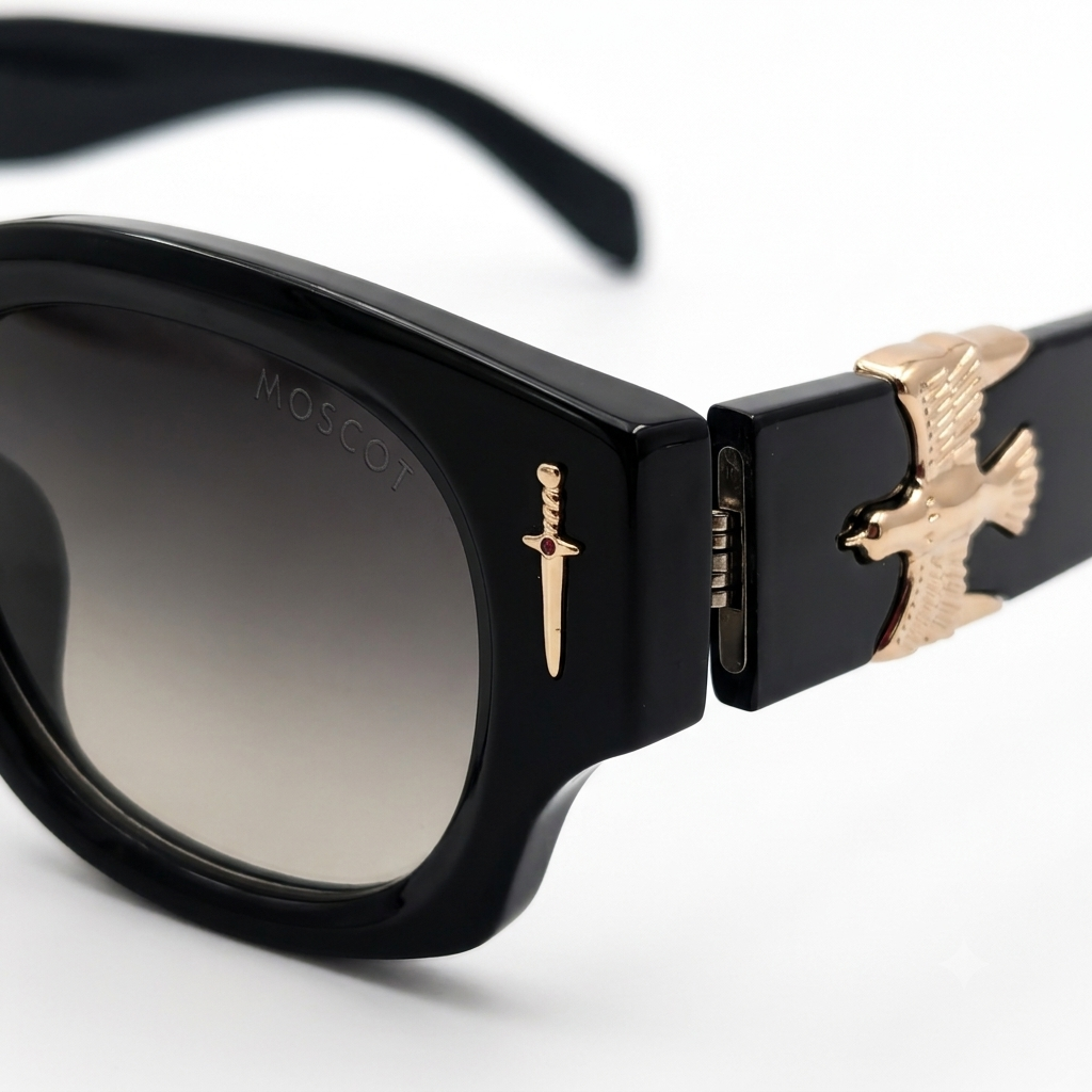 The Sovereign Dagger: Bold Onyx Square Sunglasses with Eagle Embellishments