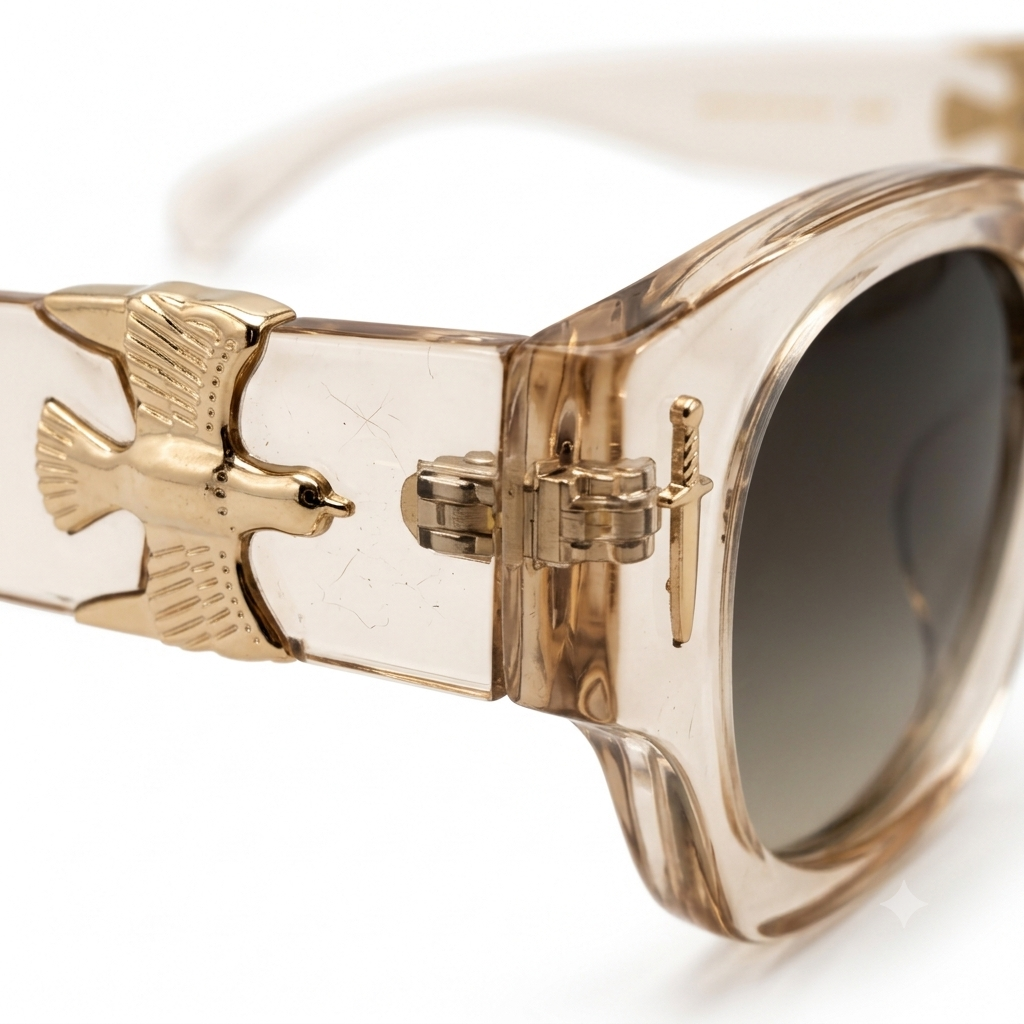 The Vanguard Falcon: Premium Transparent Amber Square Sunglasses with Gold Dagger & Emblem Accent