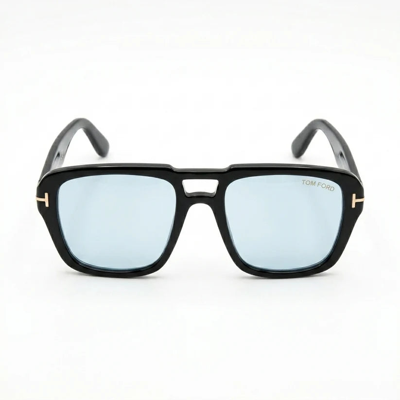 Luxury Oversized Square Sunglasses Glossy Black Acetate With Blue Lens