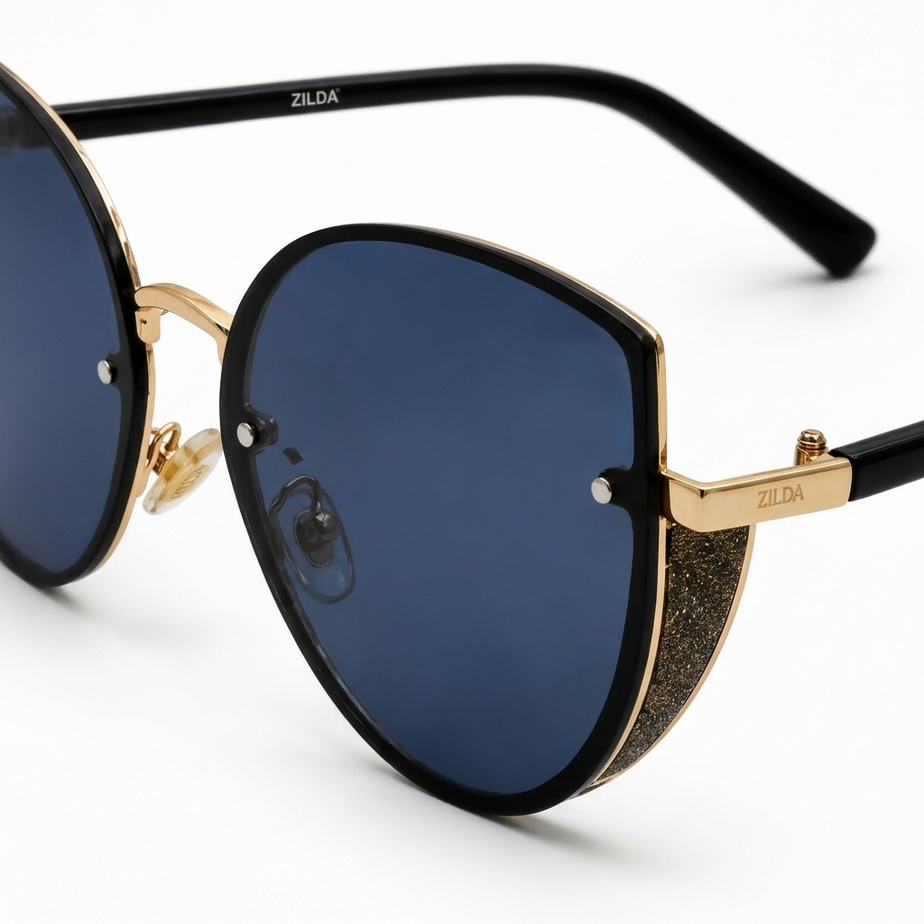 Shadow-Cut Cat-Eye Sunglasses – Oversized Blue Tinted Eyewear with Gold & Glitter Accents