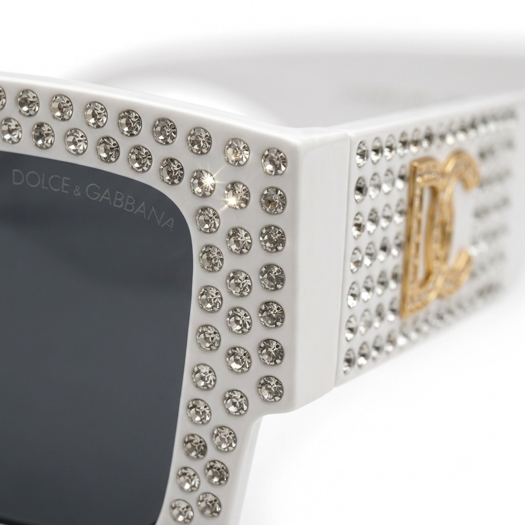 98014 Glitz & Glam Oversized Square Sunglasses – Luxury Crystal-Studded White Frame Eyewear for Women