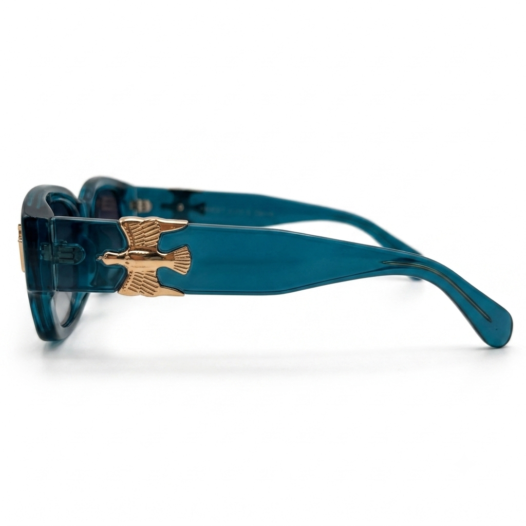AeroDagger Luxe Teal – Premium Translucent Square Sunglasses with Golden Bird & Dagger Accents