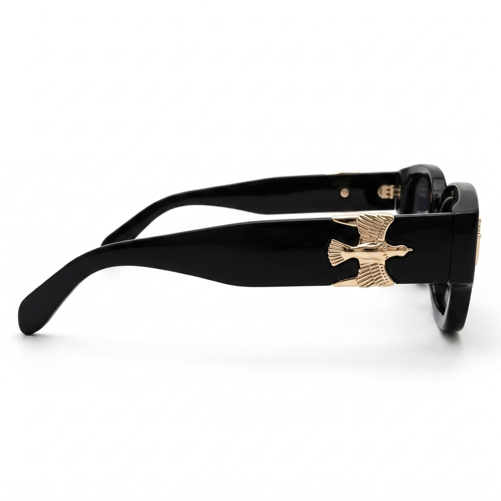 Midnight Onyx Rectangle Sunglasses – Luxury Black Acetate Eyewear with Gold Dagger & Soaring Bird Accents