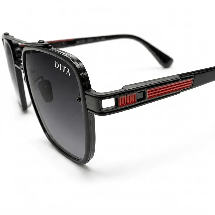 Luxury Square Aviator Sunglasses – Matte Black with Red Enamel Detailing, Double Bridge & Gradient Grey Lenses