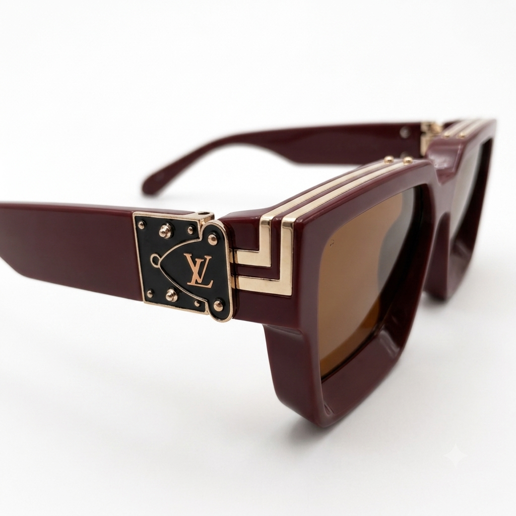 96006 Imperial Burgundy Square Luxury Sunglasses – Bold Acetate Frame with Ornate Gold Steampunk Accents and Tinted UV Lenses