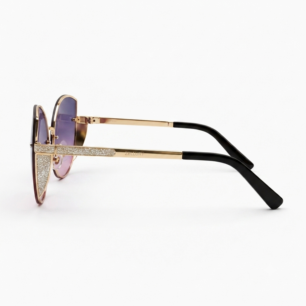 Velvet Sky Diamond-Accented Cat-Eye Sunglasses – Gradient Purple to Pink Rimless Eyewear with Gold-Tone Hinges