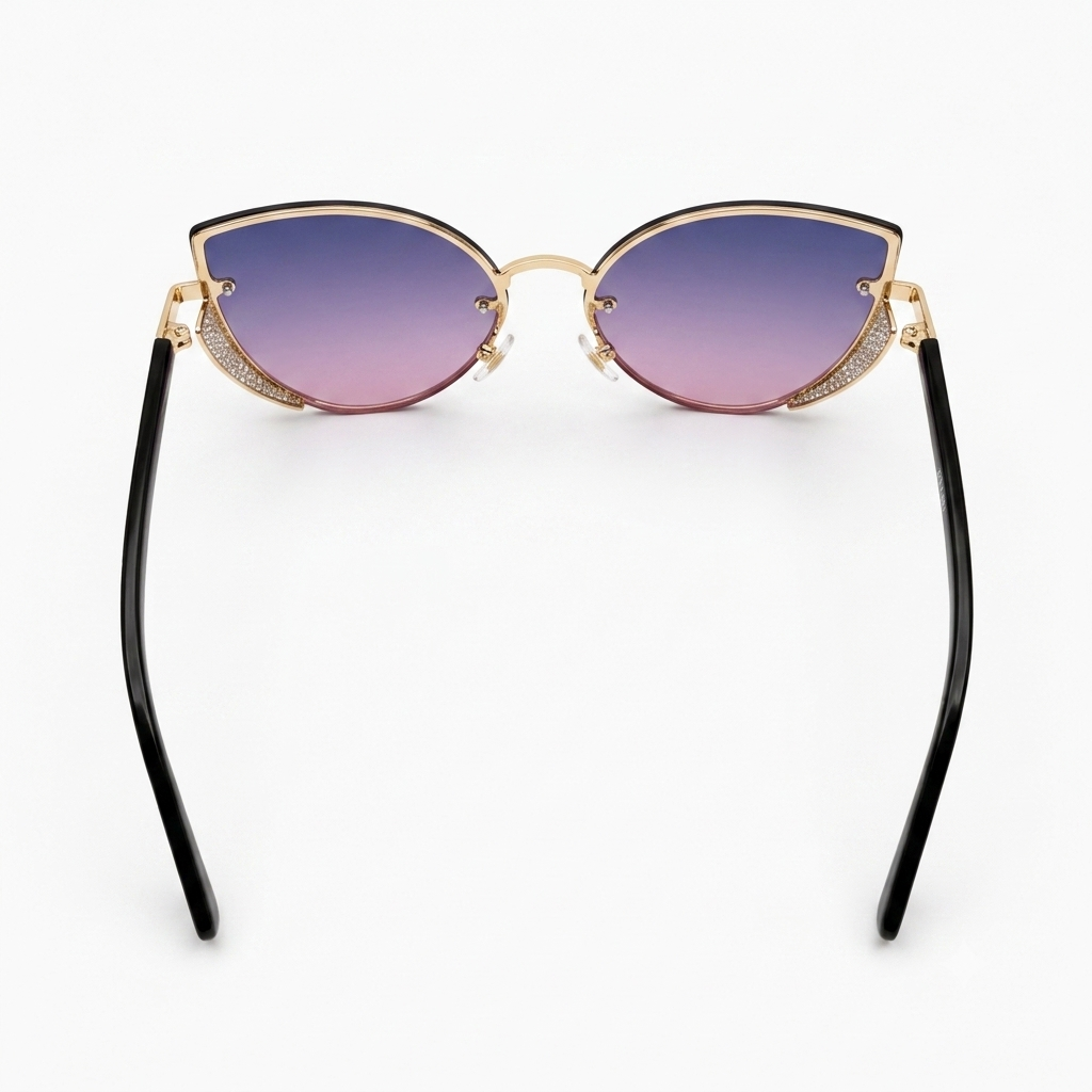Velvet Sky Diamond-Accented Cat-Eye Sunglasses – Gradient Purple to Pink Rimless Eyewear with Gold-Tone Hinges