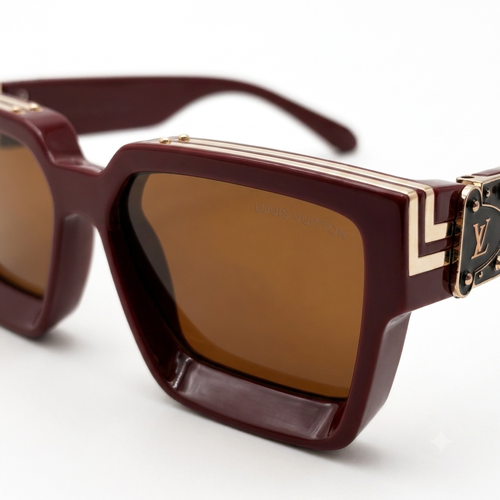 96006 Imperial Burgundy Square Luxury Sunglasses – Bold Acetate Frame with Ornate Gold Steampunk Accents and Tinted UV Lenses