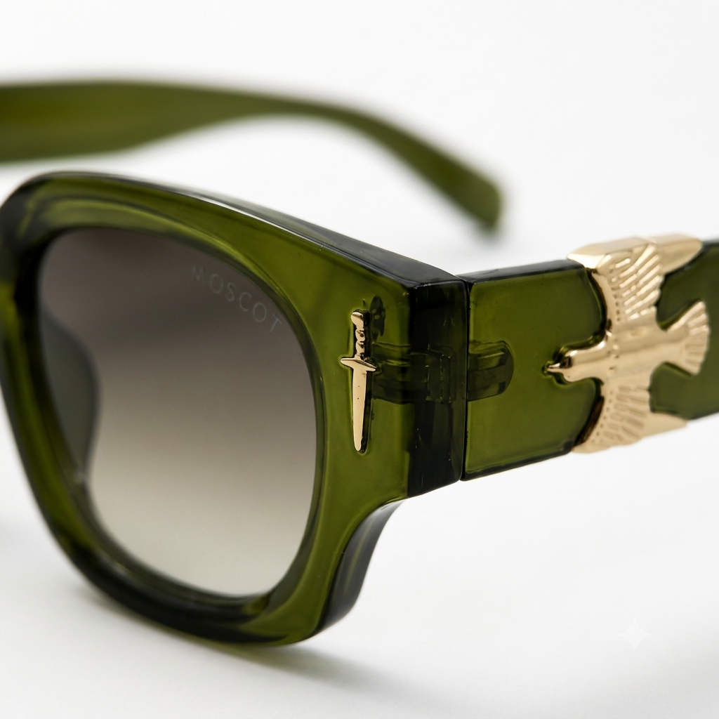 The Emerald Vanguard – Premium Olive Green Acetate Sunglasses with Gold Bird & Dagger Accents