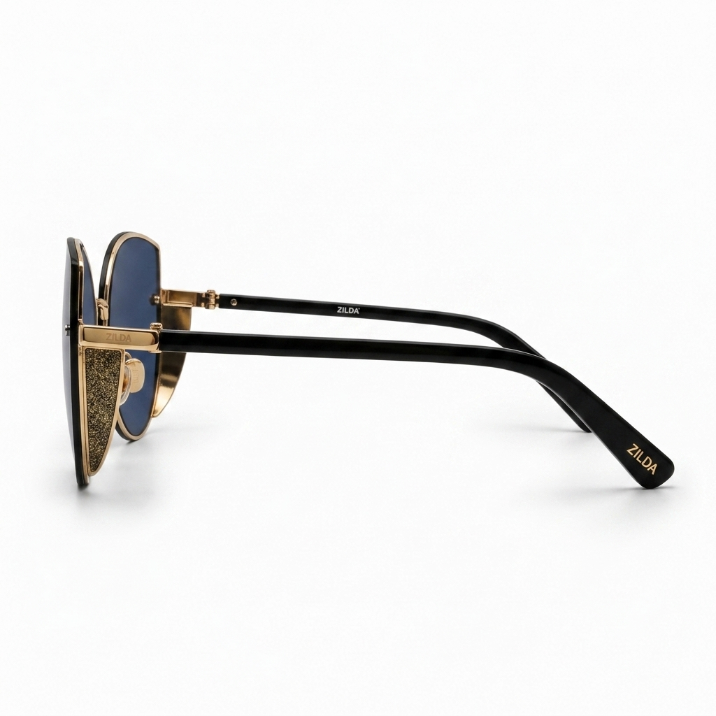 Shadow-Cut Cat-Eye Sunglasses – Oversized Blue Tinted Eyewear with Gold & Glitter Accents